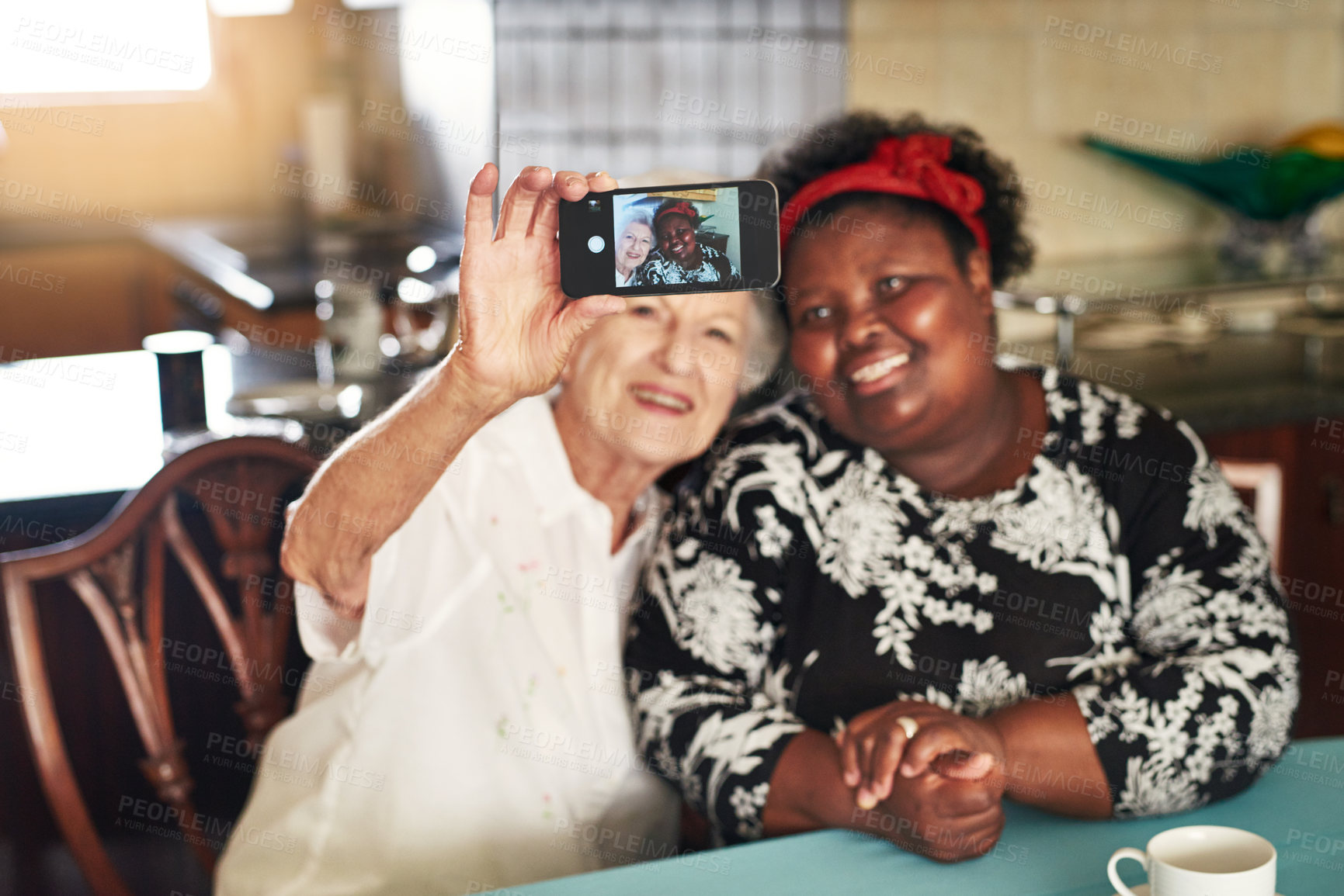 Buy stock photo Shot of a happy senior woman taking a selfie with her friend at home