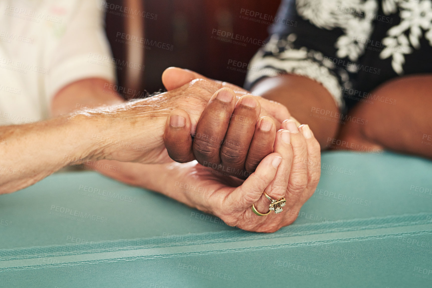 Buy stock photo Cropped shot of a senior woman holding her friend’s hands in comfort