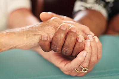 Buy stock photo Holding hands, care and senior people with empathy, love and support at a retirement home with help. Solidarity, loyalty and kindness with safe and trust gesture of couple of friends together