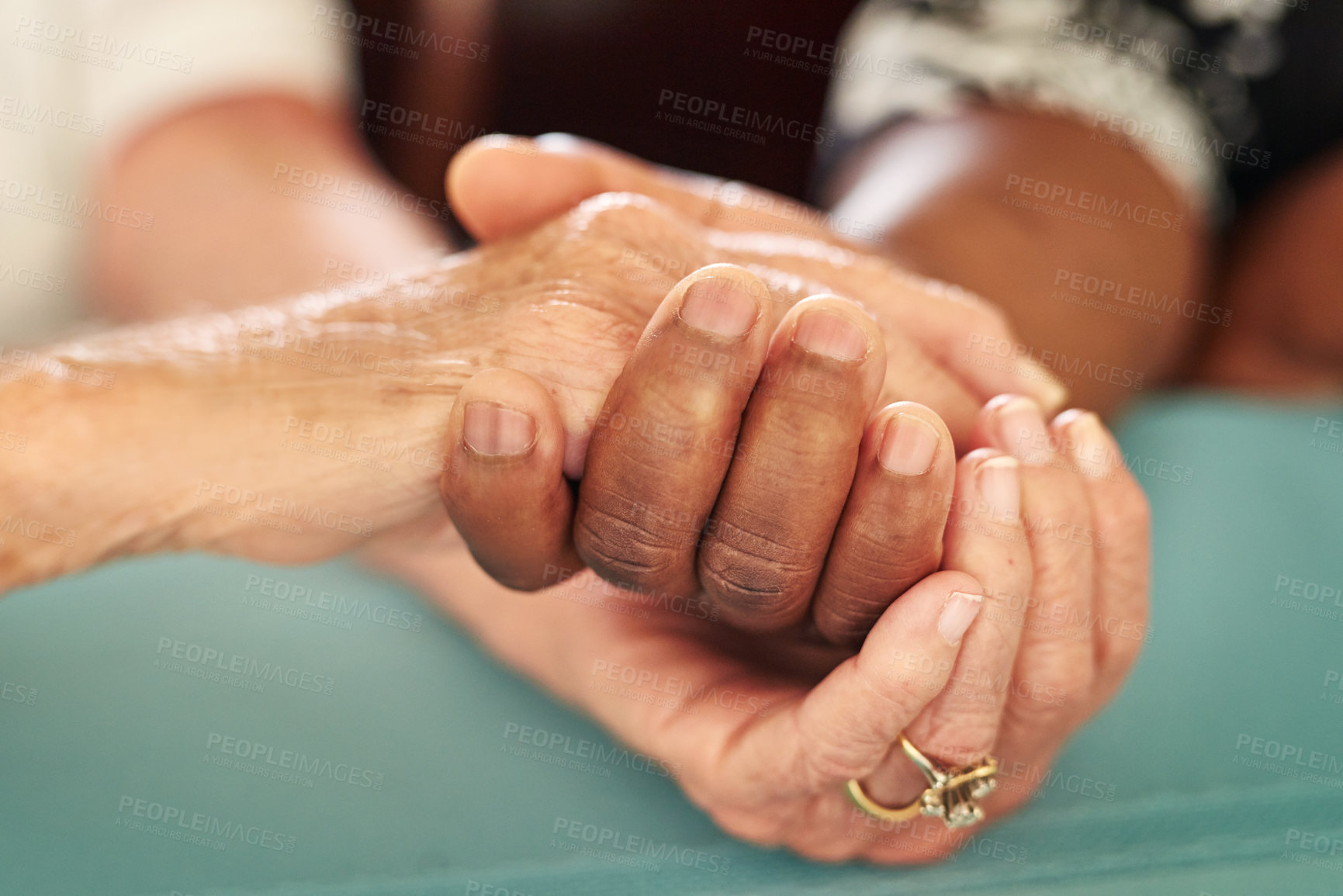 Buy stock photo Holding hands, care and senior people with empathy, love and support at a retirement home with help. Solidarity, loyalty and kindness with safe and trust gesture of couple of friends together