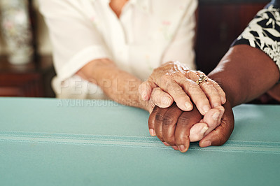 Buy stock photo Holding hands, support and senior people with kindness, love and care at a retirement home with help. Solidarity, loyalty and empathy with safe and trust gesture of couple of friends together