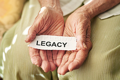 Buy stock photo Elderly woman, hand and paper with legacy for ethics, responsibility and impact of contribution. Senior person, paper and sign with message for retirement memory, inheritance and value of inspiration