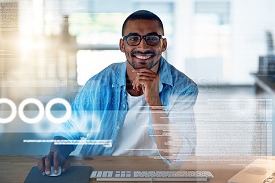Buy stock photo Smile, screen and portrait of a man with software for coding, website development and programming. Work, happy and a professional programmer working on analytics, code algorithm and research