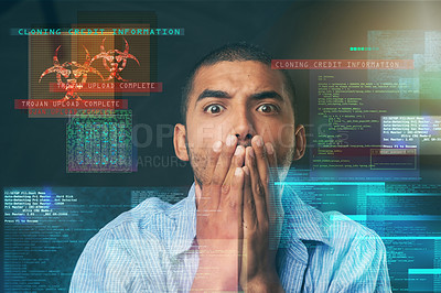 Buy stock photo Shot of a victim of cyber hacking posing against a dark background in studio