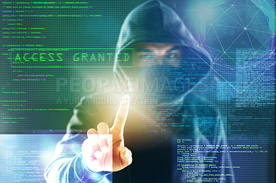 Buy stock photo Code overlay, hacker and fingerprint of man for programming, coding and information technology. Cybersecurity, user interface and person with password for online crime, fraud and download virus