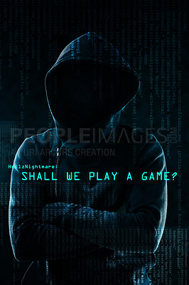 Buy stock photo Portrait of a menacing computer hacker posing against a dark background in studio