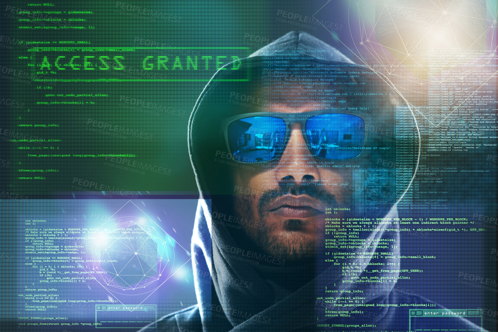 Buy stock photo Portrait of a menacing computer hacker posing against a dark background in studio