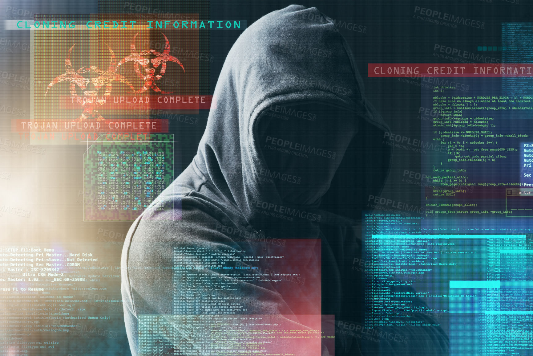 Buy stock photo Coding overlay, hacker and man in dark for programming, upload virus and information technology. Cybersecurity, computer data and person with ui graphic for online crime, financial fraud and malware