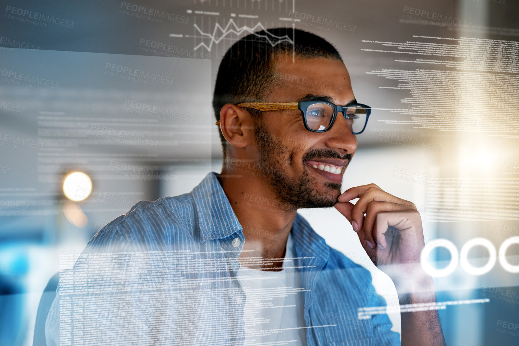 Buy stock photo Shot of a happy computer programmer working on new software at his computer