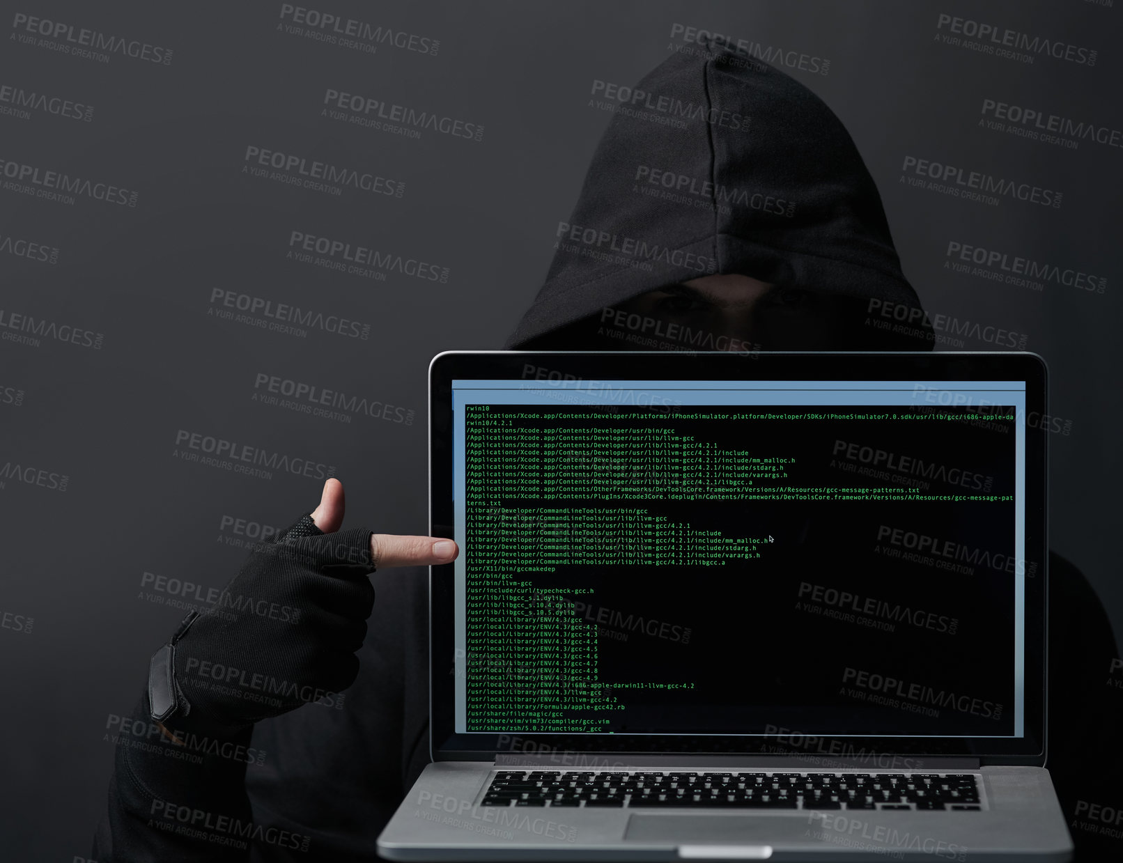 Buy stock photo Scam, hoodie and hacker in studio, laptop and fraud of cybersecurity, online and hiding with screen. Black background, crime and coding of criminal, programming and ransomware with error and person