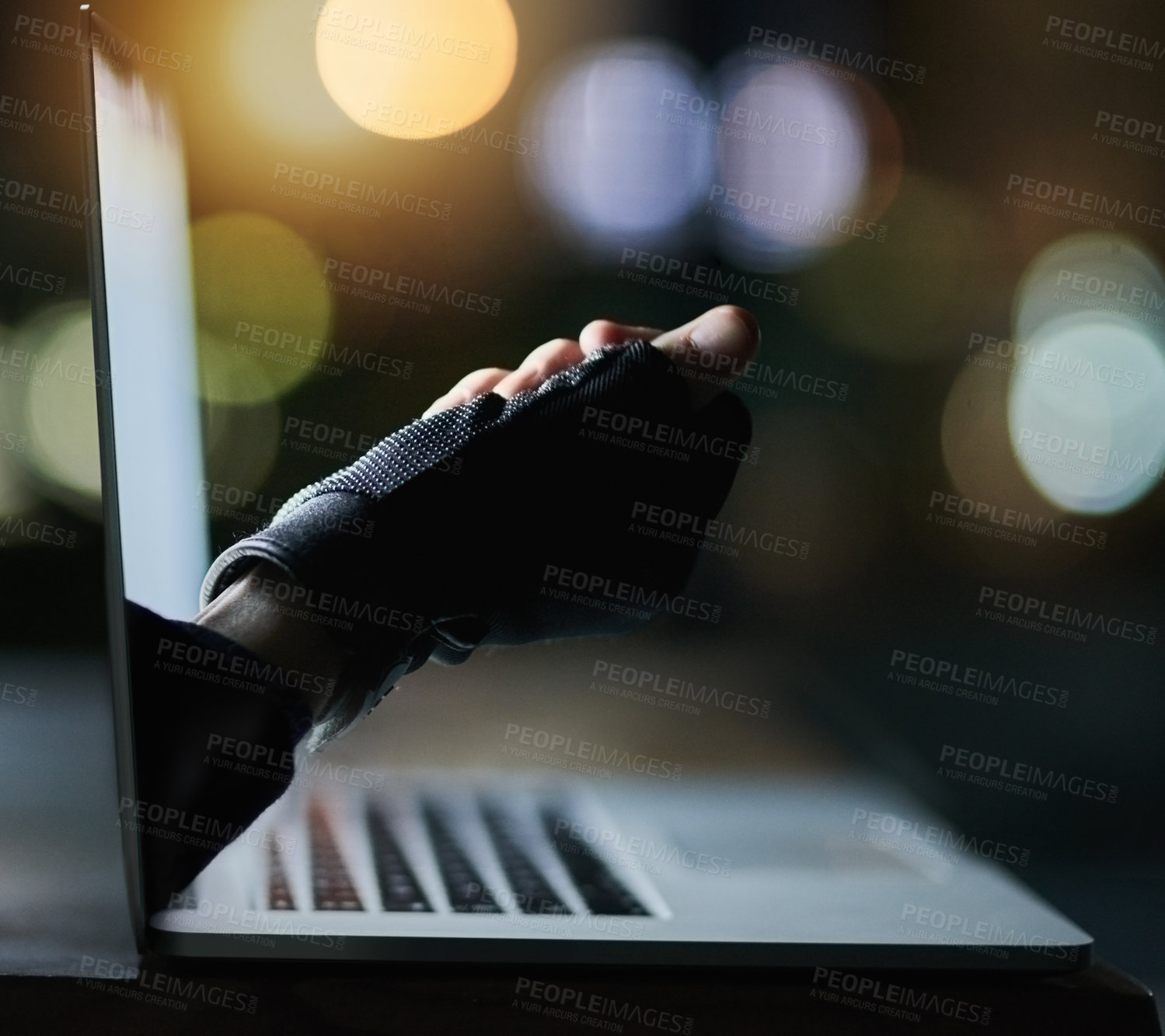 Buy stock photo Laptop, cyber attack and hand of hacker on screen for crime, fraud or gdpr data breach. Computer, thief and stealing information with virus, phishing and person hacking network with malware on bokeh