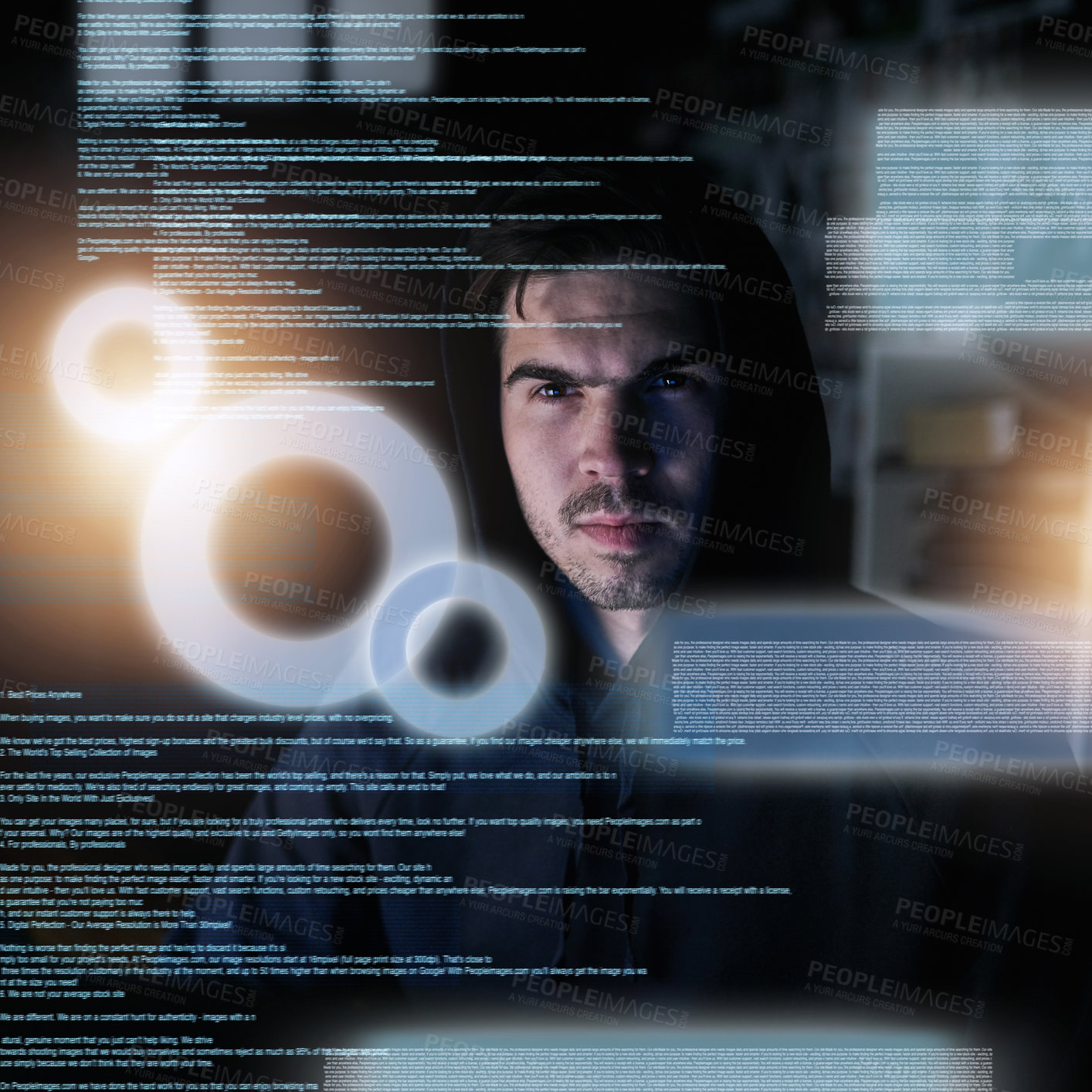 Buy stock photo Shot of a focussed young computer programmer working on his coding late at night