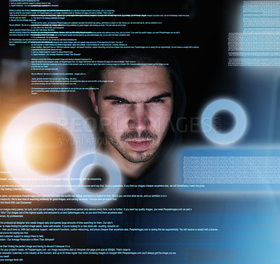 Buy stock photo Shot of a focussed young computer programmer working on his coding late at night