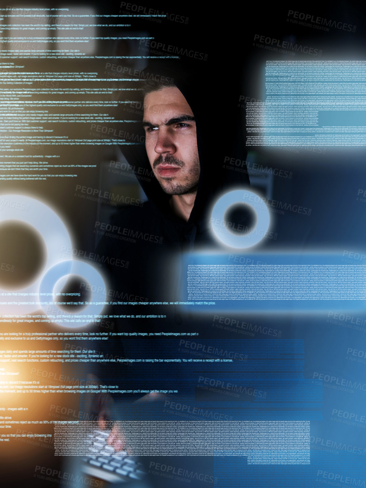 Buy stock photo Shot of a focussed young computer programmer working on his coding late at night