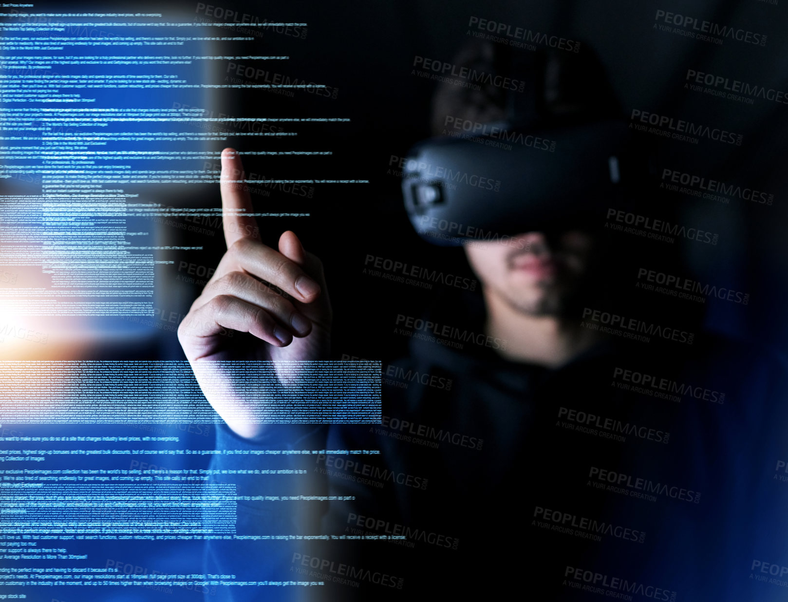 Buy stock photo Shot of a young computer programmer wearing a vr headset while working on his code