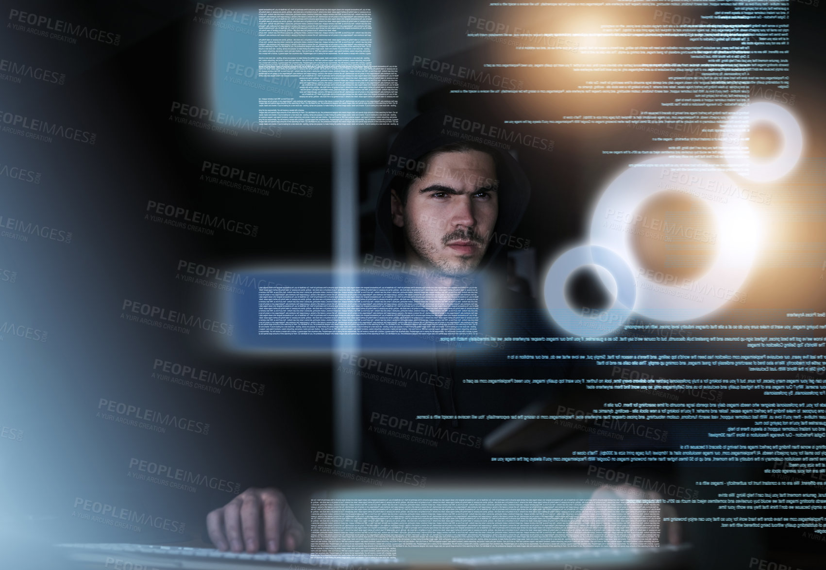 Buy stock photo Shot of a focussed young computer programmer working on his coding late at night