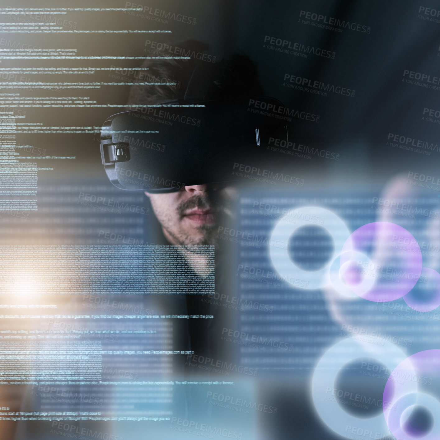 Buy stock photo Shot of a young computer programmer wearing a vr headset while working on his code