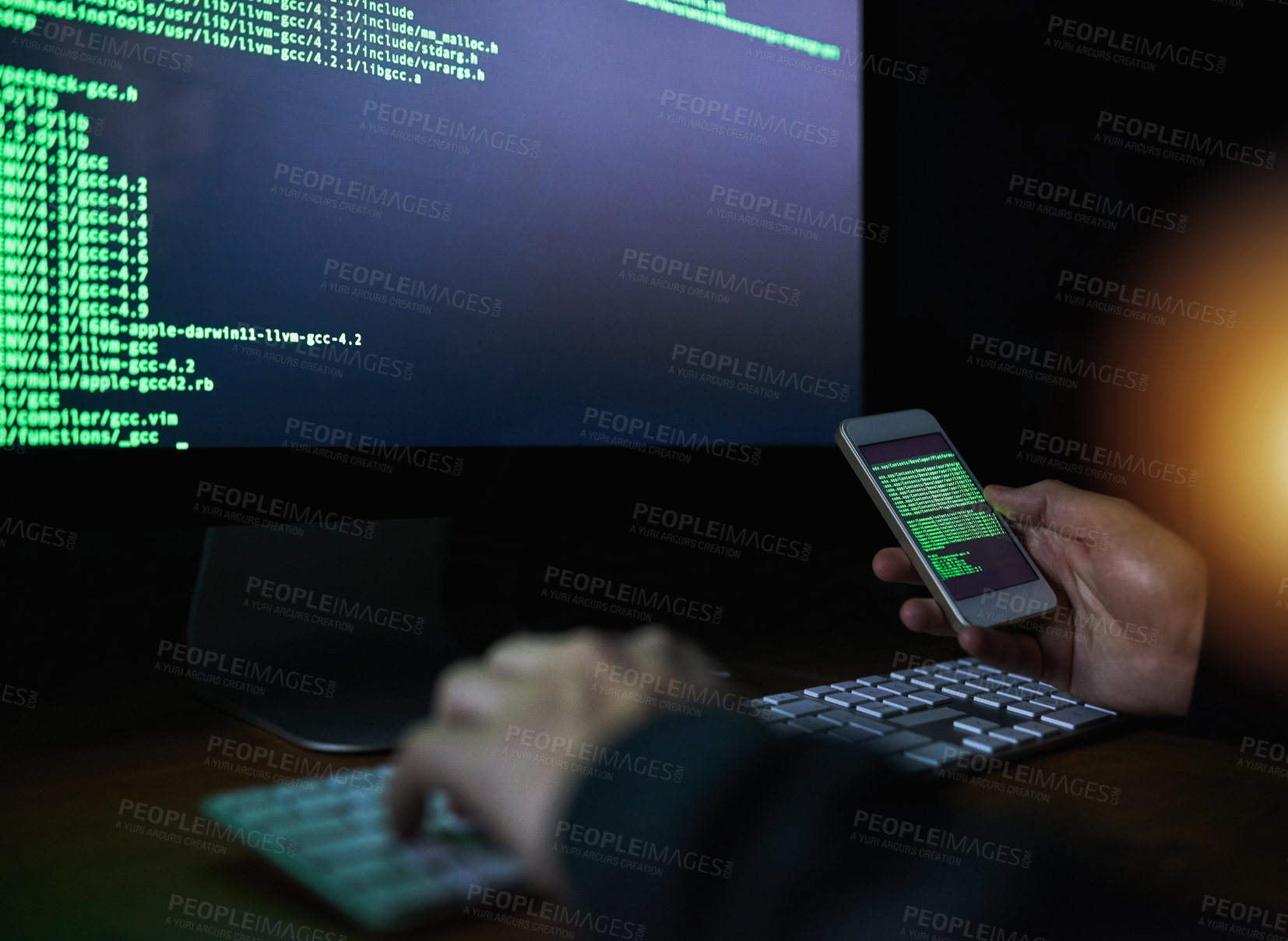 Buy stock photo Code, hands and technology with hacker typing on keyboard to break cyber security firewall at night. Computer, data theft and phone with person in office to bypass password or script protocol