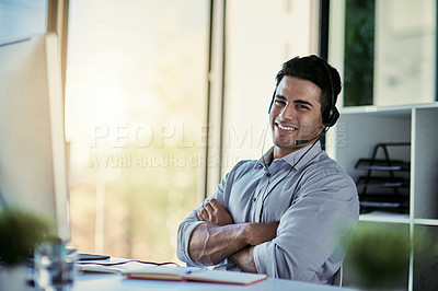 Buy stock photo Help desk agent, smile and portrait of man with advice, confidence and happiness at at customer service agency. Happy phone call, conversation and callcenter consultant with headset in modern office.