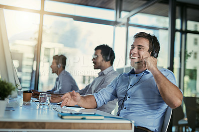 Buy stock photo Call center, customer care or service and a man consultant laughing for funny support or assistance on the phone. Smile, crm and contact us with happy male telemarketing agent in his office for help