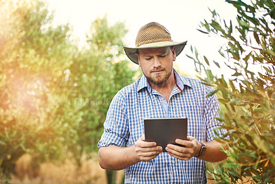 Buy stock photo Cropped shot of a farmer using a digital tablet while doing his rounds