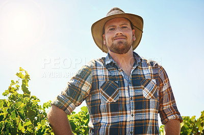 Buy stock photo Cropped shot of a middle-aged farmer posing on a vineyard