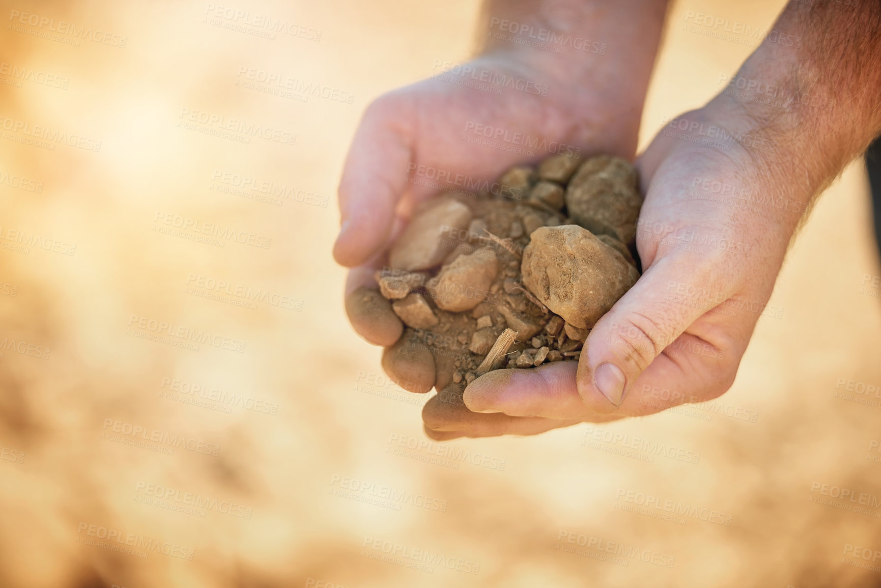 Buy stock photo Nature, sustainable and hands with soil for farming and planting crops for agriculture business. Field, rocks and farmer with fertilizer and gravel for produce growth in countryside environment.