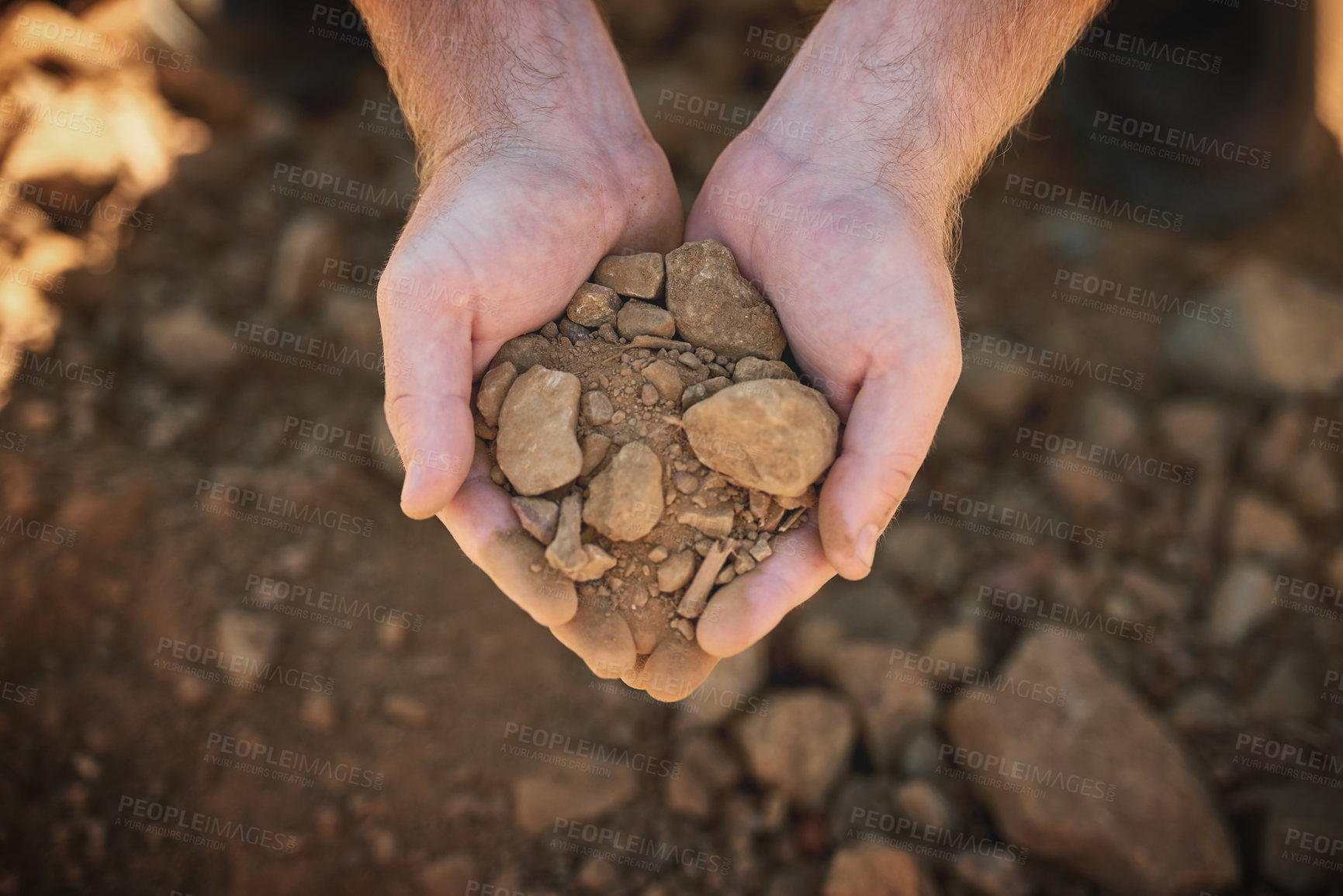 Buy stock photo Nature, geology and hands of person with rocks for research, discovery or project with dry ground. Field, stones and environmental scientist with gravel, dirt and sand for organic ecology study.