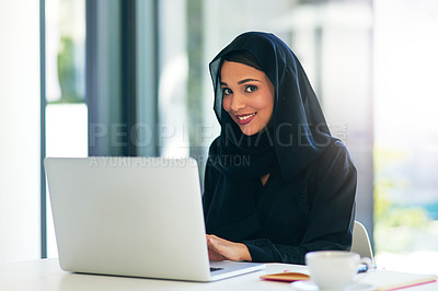 Buy stock photo Entrepreneurship, laptop and woman in portrait with muslim from dubai with a smile for technology. Business, laptop and professional in hijab at an office for a career at an agency for web design. 