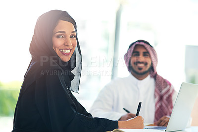 Buy stock photo Muslim, woman and portrait of teamwork in office and mentor help with project on laptop in Qatar. Arab, people and corporate training or learning software for planning collaboration or coworking
