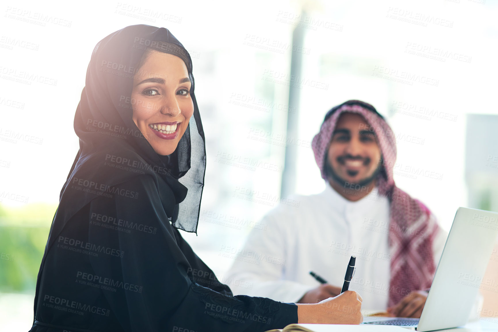 Buy stock photo Muslim, woman and portrait of teamwork in office and mentor help with project on laptop in Qatar. Arab, people and corporate training or learning software for planning collaboration or coworking