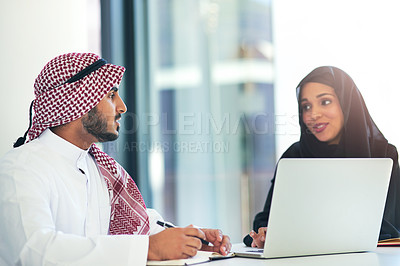 Buy stock photo Muslim, people and teamwork planning in office with help on laptop, project or Dubai coworking. Arab, woman and man in business training or learning software for collaboration or professional advice