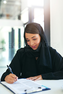 Buy stock photo Employee, documents and Muslim woman writing, contract and planning with hijab, compliance and survey. Islamic person, lawyer and attorney with clipboard, paperwork and b2b deal with info and policy