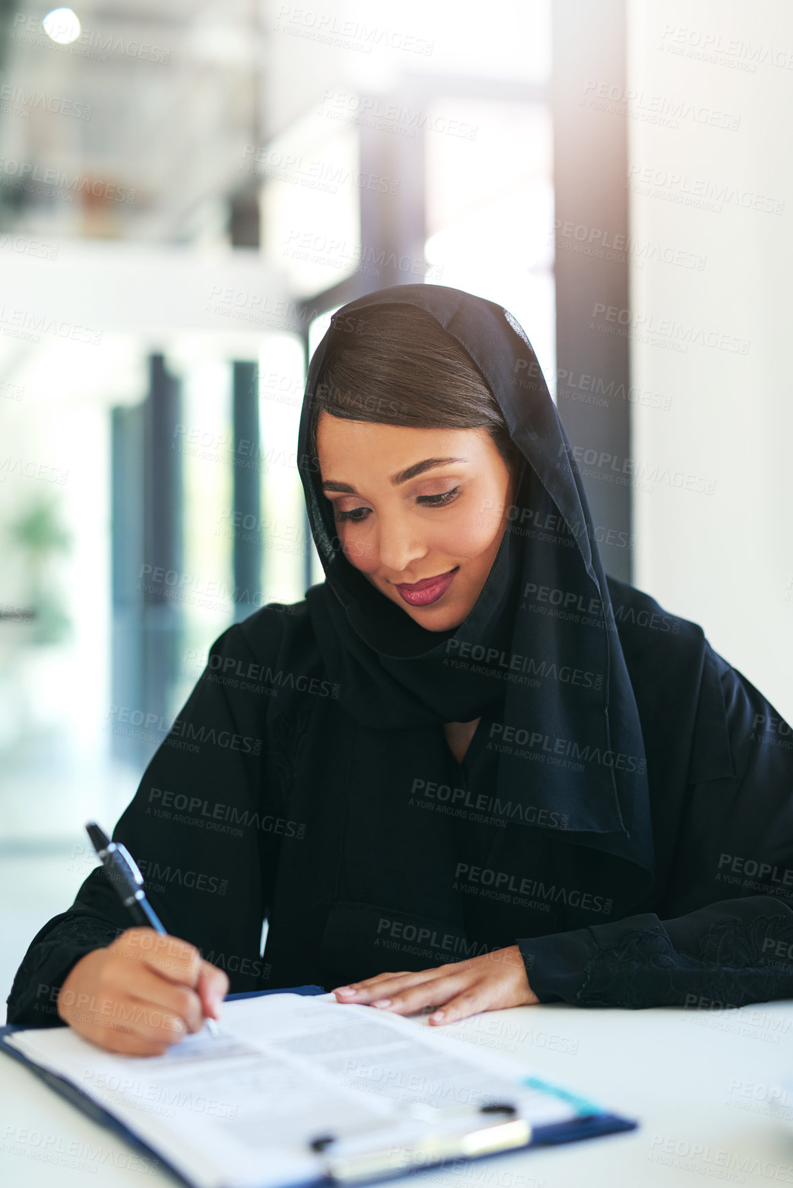 Buy stock photo Employee, documents and Muslim woman writing, contract and planning with hijab, compliance and survey. Islamic person, lawyer and attorney with clipboard, paperwork and b2b deal with info and policy