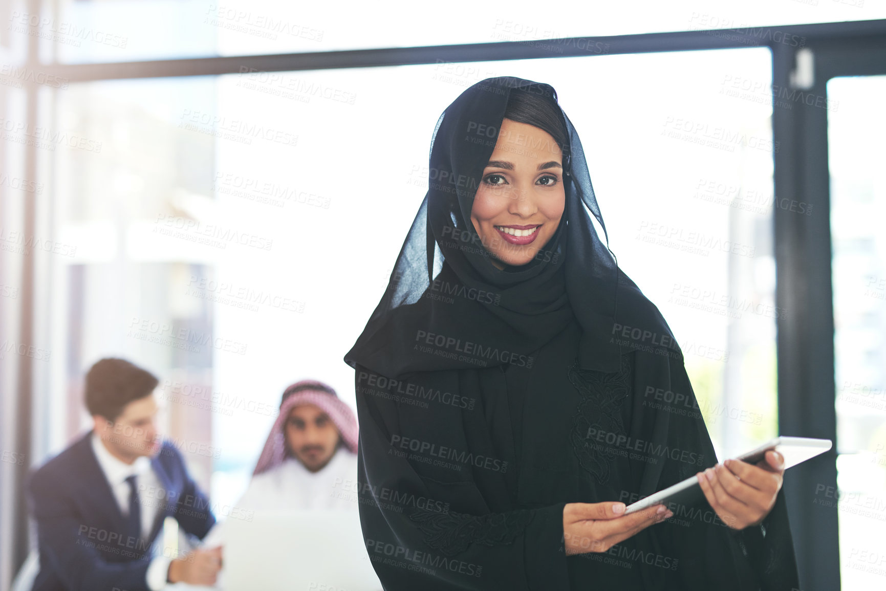Buy stock photo Portrait, business people and Muslim woman with tablet, finance and confidence with career ambition. Face, group and Islamic person with tech, accounting and digital app with connection and internet