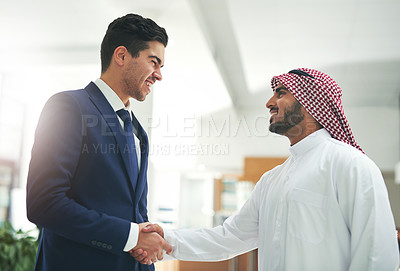 Buy stock photo Arab, business and people with hand shake in office, recruitment and muslim employee for greeting. B2b partnership, collaboration and congratulation gesture for deal, islam company and onboarding