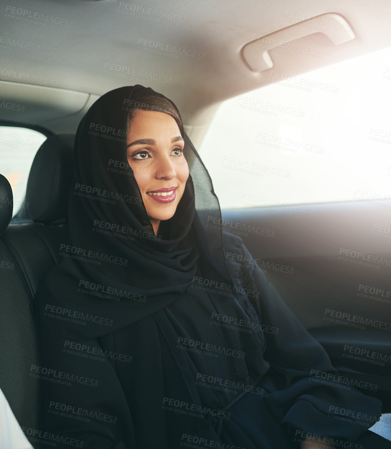 Buy stock photo Business, car and travel with Muslim woman, commute and explore with professional, smile and luxury. Islamic person, happy entrepreneur or consultant in vehicle, transportation and journey with hijab