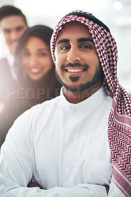 Buy stock photo Group, Muslim and business people in office with portrait for teamwork, Islamic or employees with smile. Leader, team and Arab in company with colleagues for wellness, management or collaboration