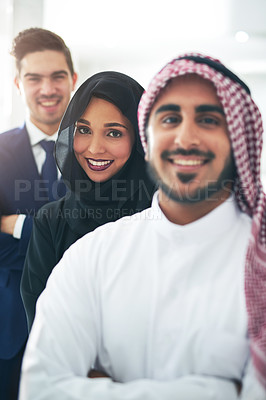 Buy stock photo Leader, Muslim and business people in office with portrait for teamwork, Islamic or employees with smile. Group, together and Arab in company with colleagues for wellness, management or collaboration