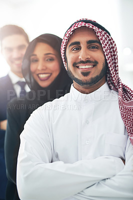 Buy stock photo Leader, Muslim and business people in company with portrait for teamwork, Islamic or employees with smile. Group, together or Arab in company with colleagues for wellness, management or collaboration