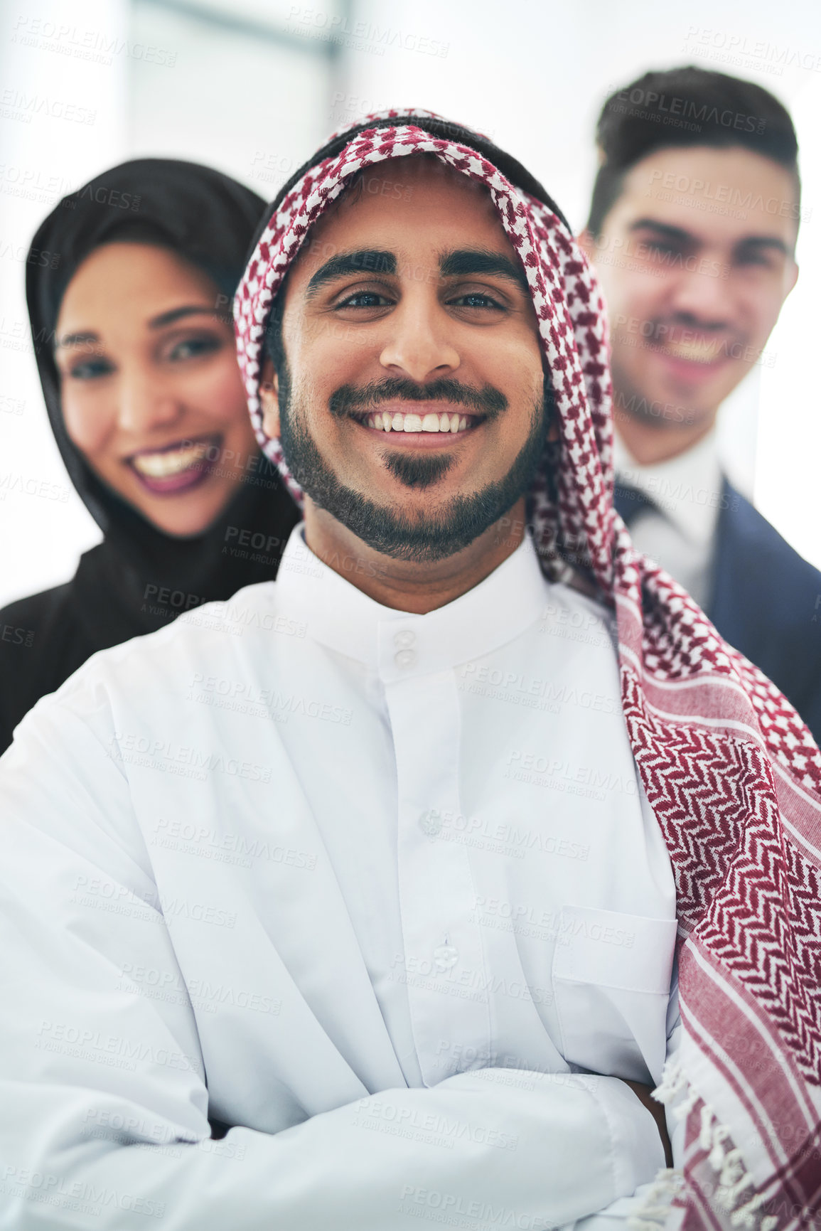 Buy stock photo Teamwork, Muslim and business people in company with portrait or leader, Islamic or employees with smile. Group, together or Arab with arms crossed or confident for management or collaboration