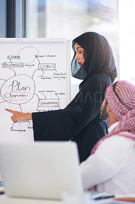Buy stock photo Shot of a young muslim businesswoman delivering a presentation to her team at work