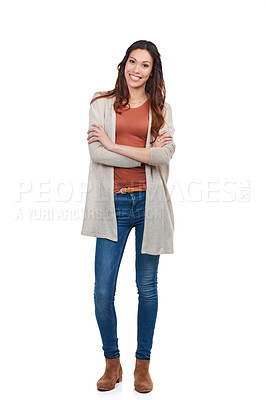 Buy stock photo Portrait of a confident young woman posing alone in studio