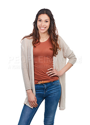 Buy stock photo Portrait of a confident young woman posing alone in studio