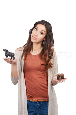 Buy stock photo Portrait of a confident young woman holding up two toy animals in studio
