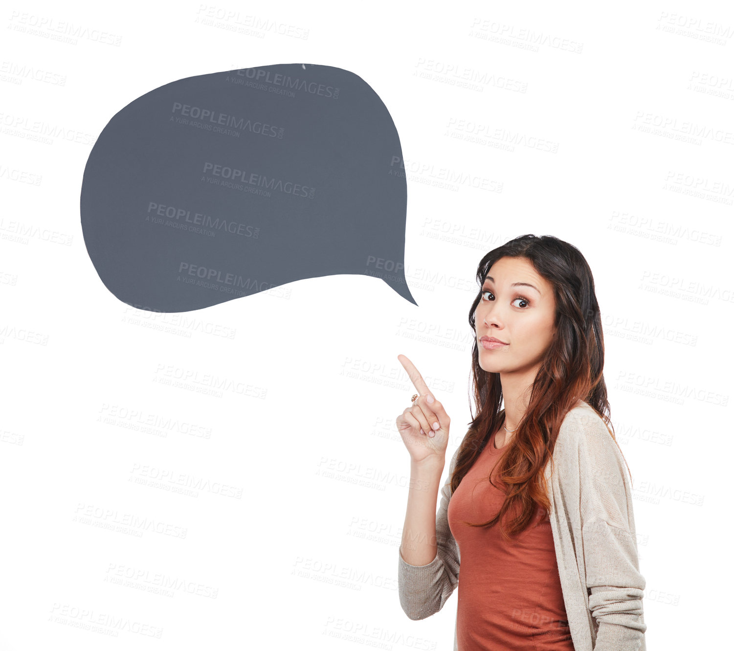 Buy stock photo Woman, pointing and speech bubble in studio for presentation of news, announcement or language school. Portrait of teacher for chat, quote or teaching translation in communication on white background