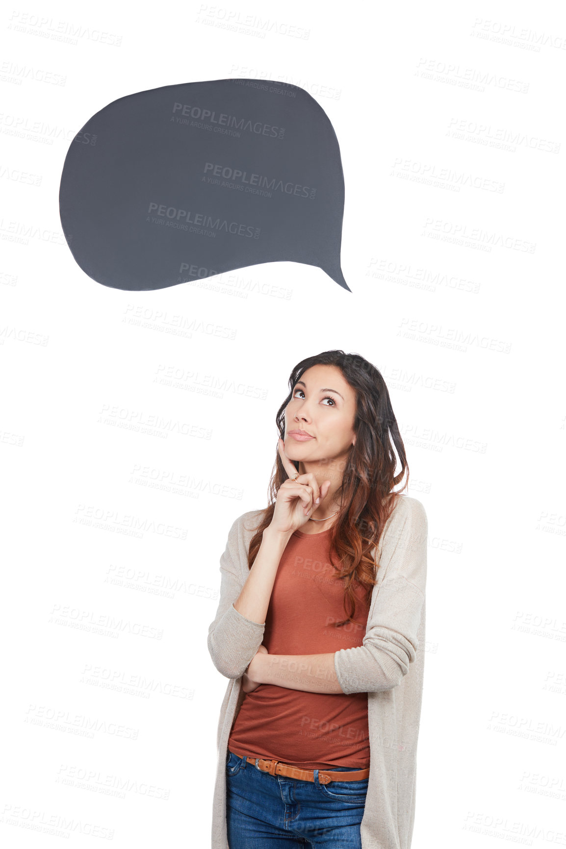Buy stock photo Woman, thinking and speech bubble in studio for social media choice, voting or opinion with mockup space. Person with forum ideas and solution for chat and translation in quote on a white background