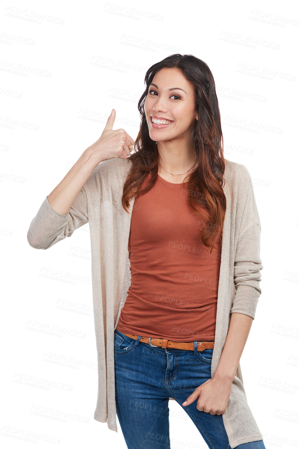 Buy stock photo Girl, thumbs up and portrait in studio for success, yes and news of learning goals, school or education. Person or student with like, subscribe or well done for college results on a white background