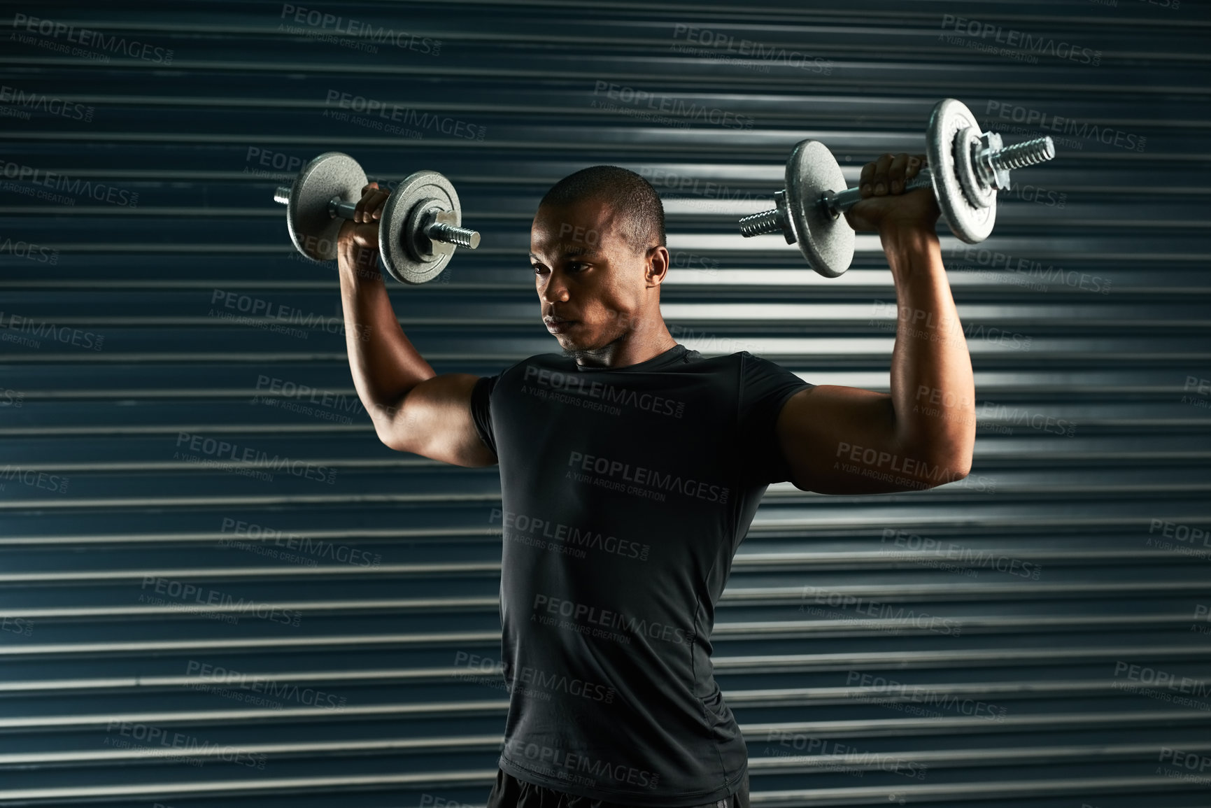 Buy stock photo Black man, health and body fitness with dumbbells, exercise and weights for arms in sportswear. Male model, training and muscles for strong athlete, bodybuilder and cardio workout for abs in studio