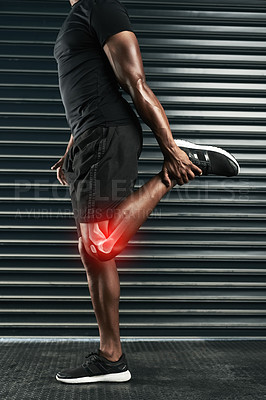 Buy stock photo Man, gym and sports with knee injury, accident and  medical emergency for pain in training. Athlete, stretching and red glow with muscle sprain in leg for workout, exercise and fitness in center